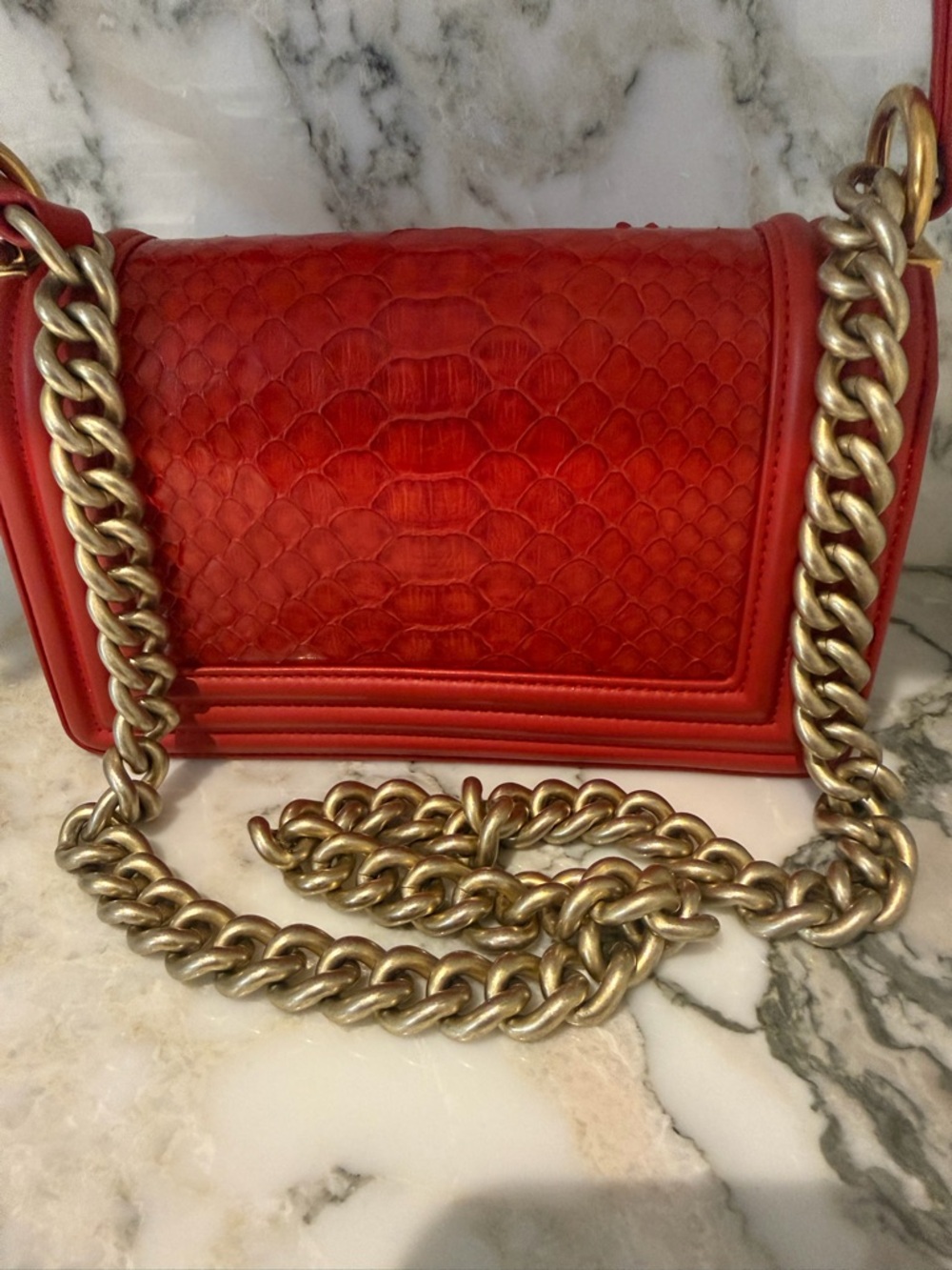 CHANEL Red Quilted Python Boy Bag with Gold-Tone Hardware - Picture 7 of 9
